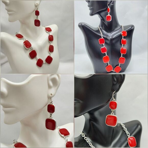 💜Red & Silver Plated Square Necklace & Dangling Earrings - Picture 6 of 16